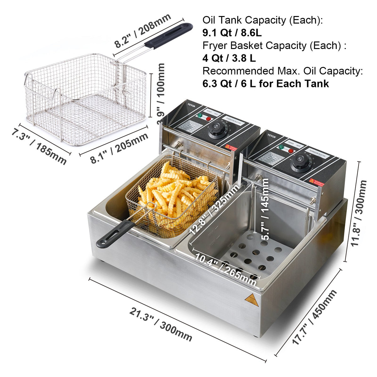 Commercial Electric Deep Fryer Countertop Deep Fryer Dual Detachable Tanks
