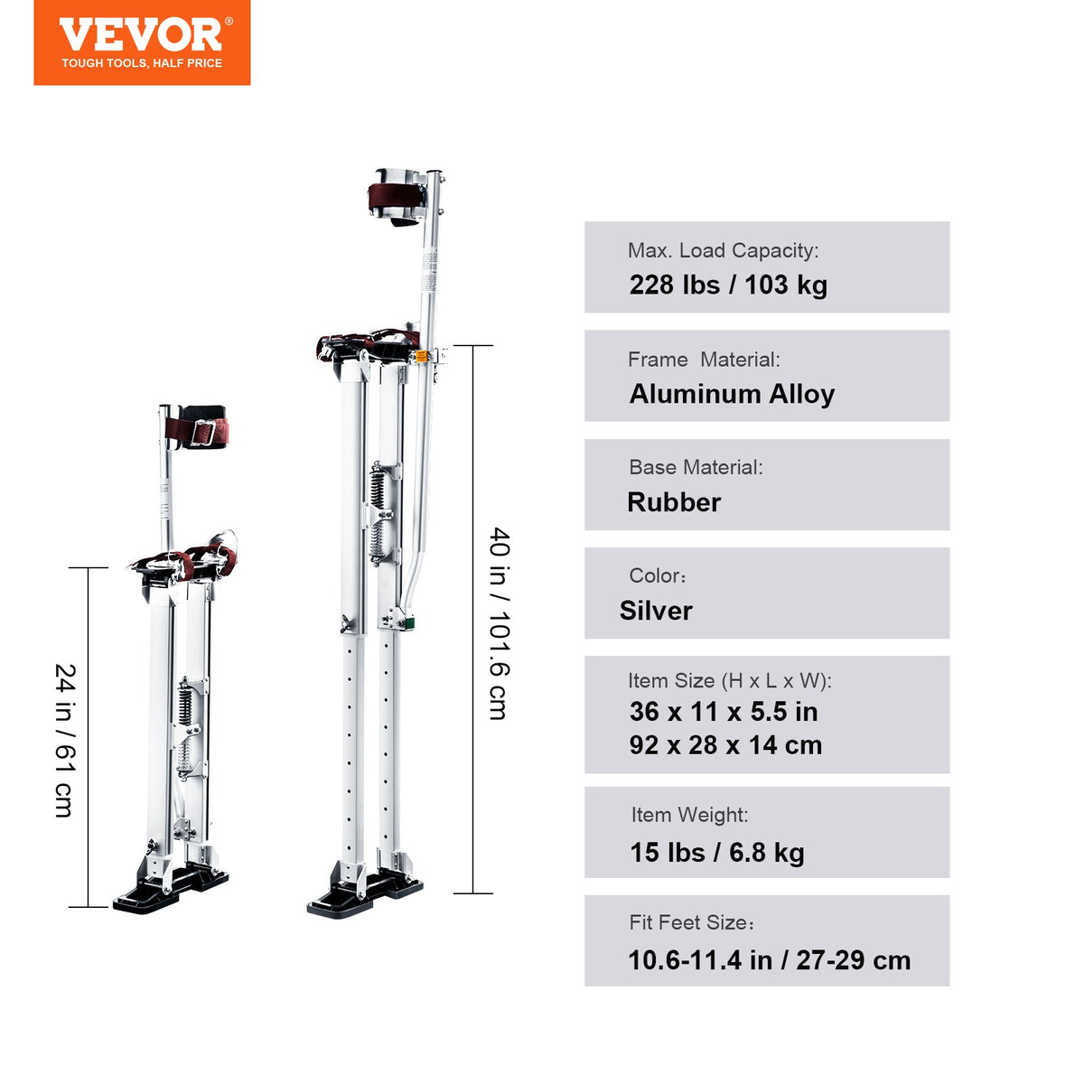 Drywall Stilts, 61 cm-102 cm Adjustable Aluminum Tool Stilts with Protective Knee Pads, Durable and Non-slip Work Stilts for Sheetrock Painting, Walking, Taping, Silver