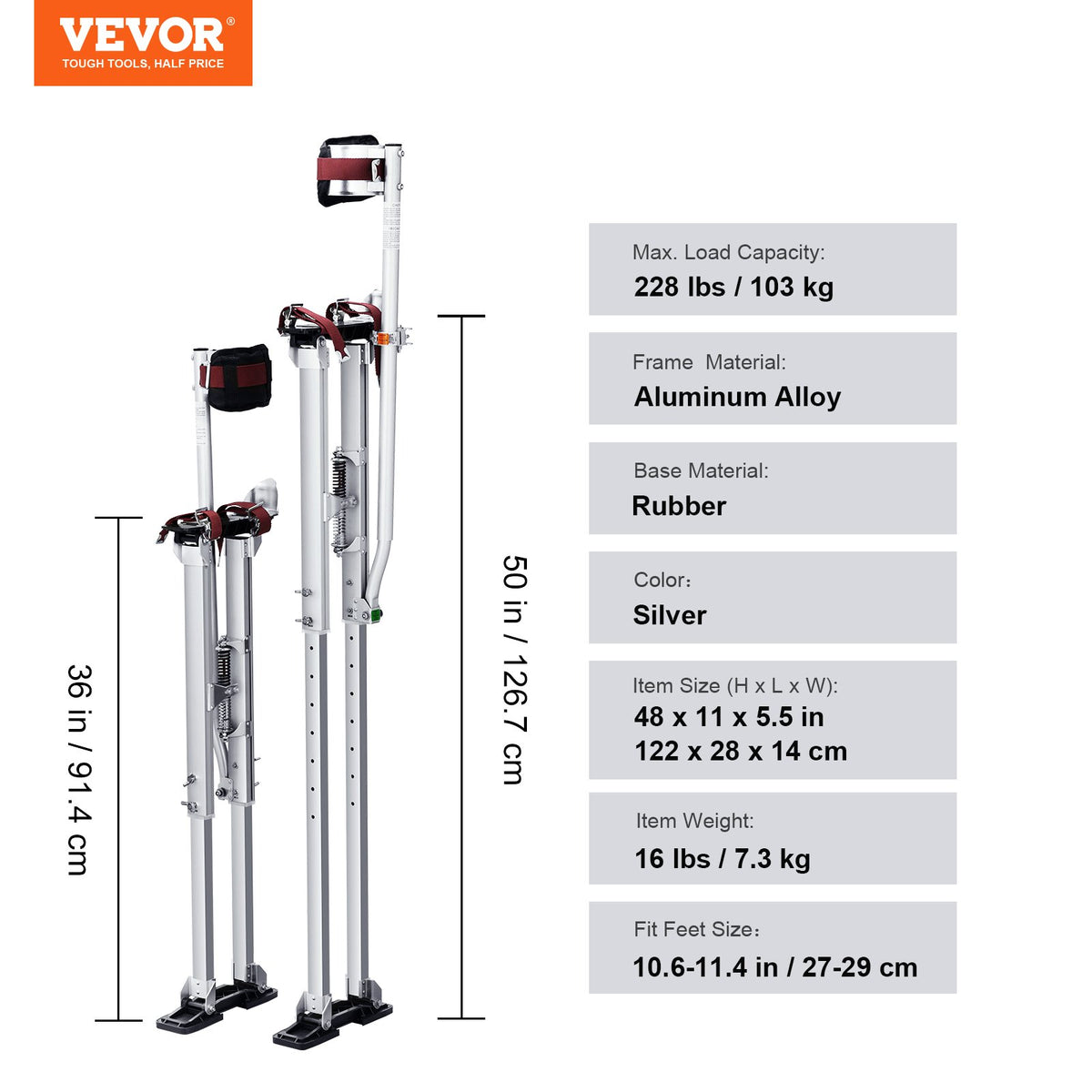 Drywall Stilts, 91.4 cm-127 cm Adjustable Aluminum Tool Stilts with Protective Knee Pads, Durable and Non-slip Work Stilts for Sheetrock Painting, Walking, Taping, Silver