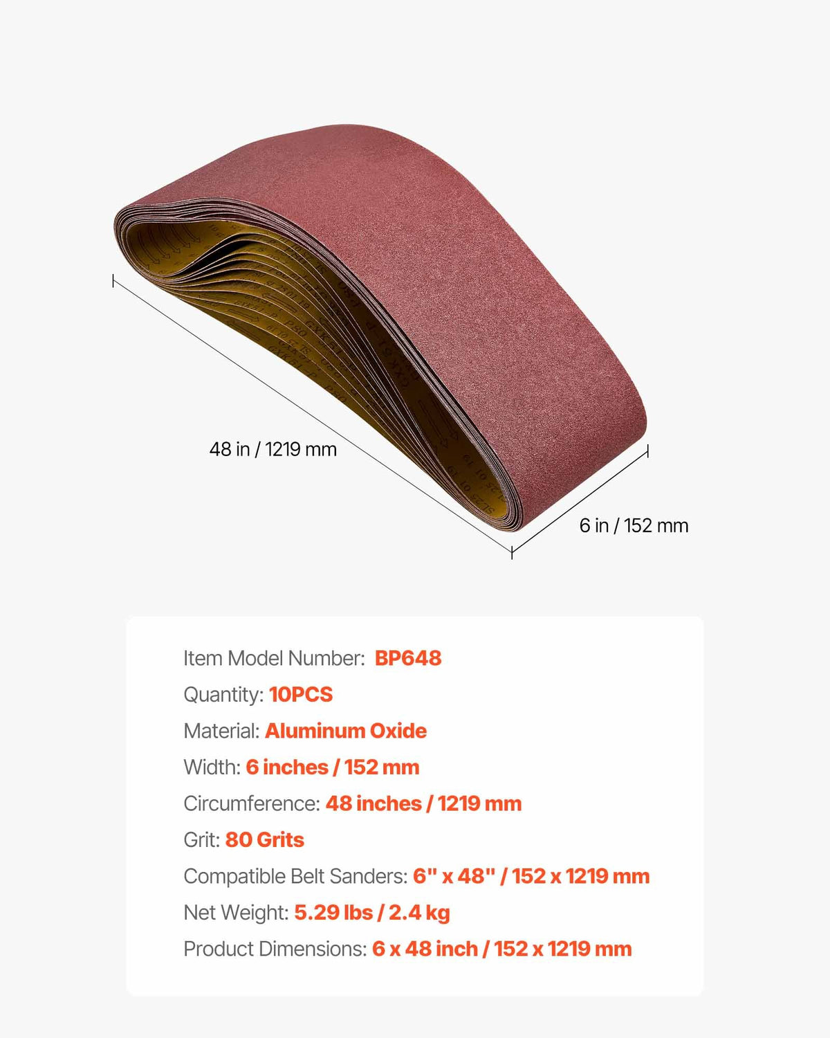 Sanding Belts, 152mm x 1219mm Belt Sander Sanding Belts, 10PCS 80 Grit Aluminum Oxide for Woodworking, Steel, Aluminum, Non-Ferrous Metals