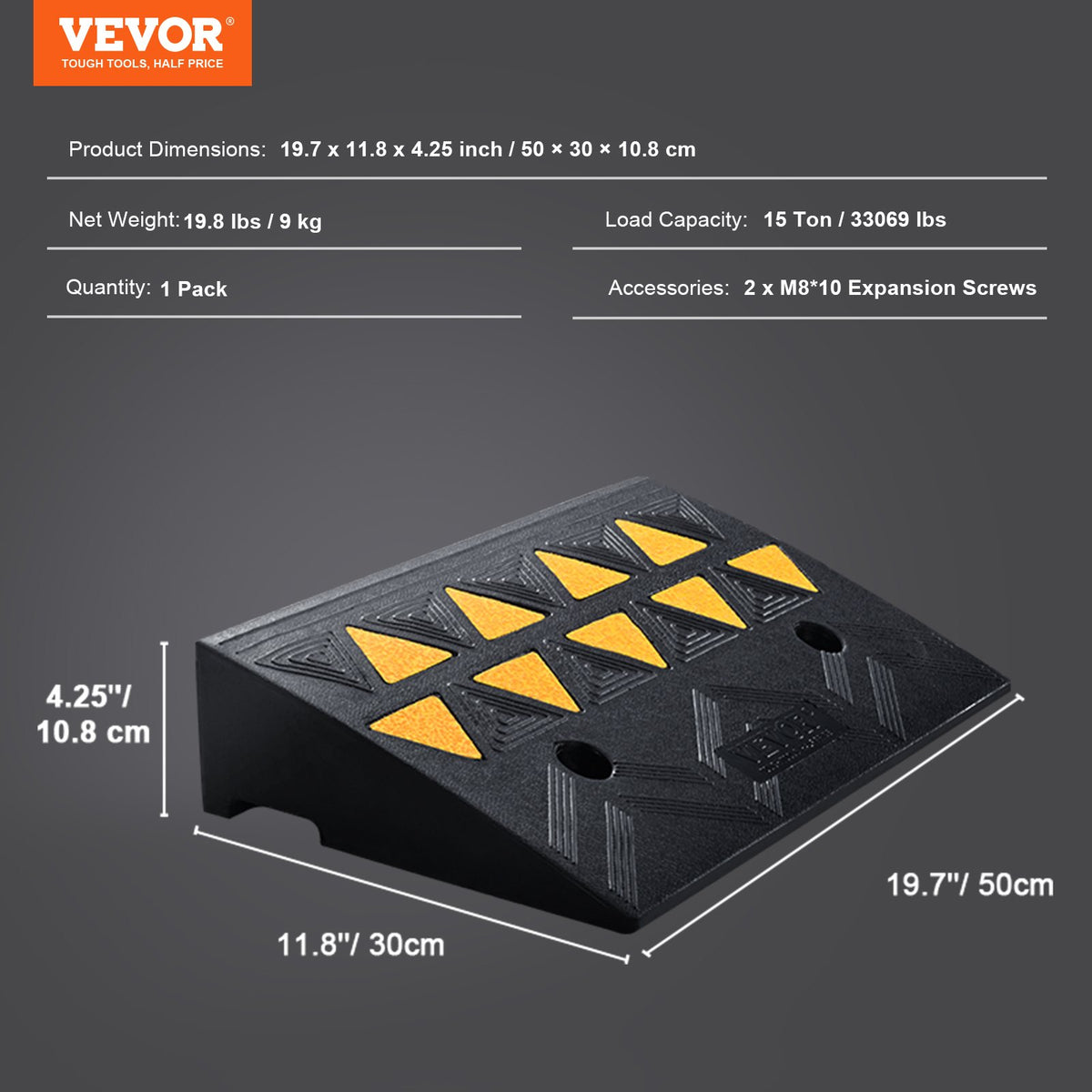 Rubber Curb Ramp 4.25" Rise Height Sidewalk Curb Ramp, 11.8" Width 19.7" Length Driveway Ramp for Curb, 15T Heavy Duty Rubber Ramp for Forklifts, Trucks, Buses, Cars, Wheelchairs, Bikes