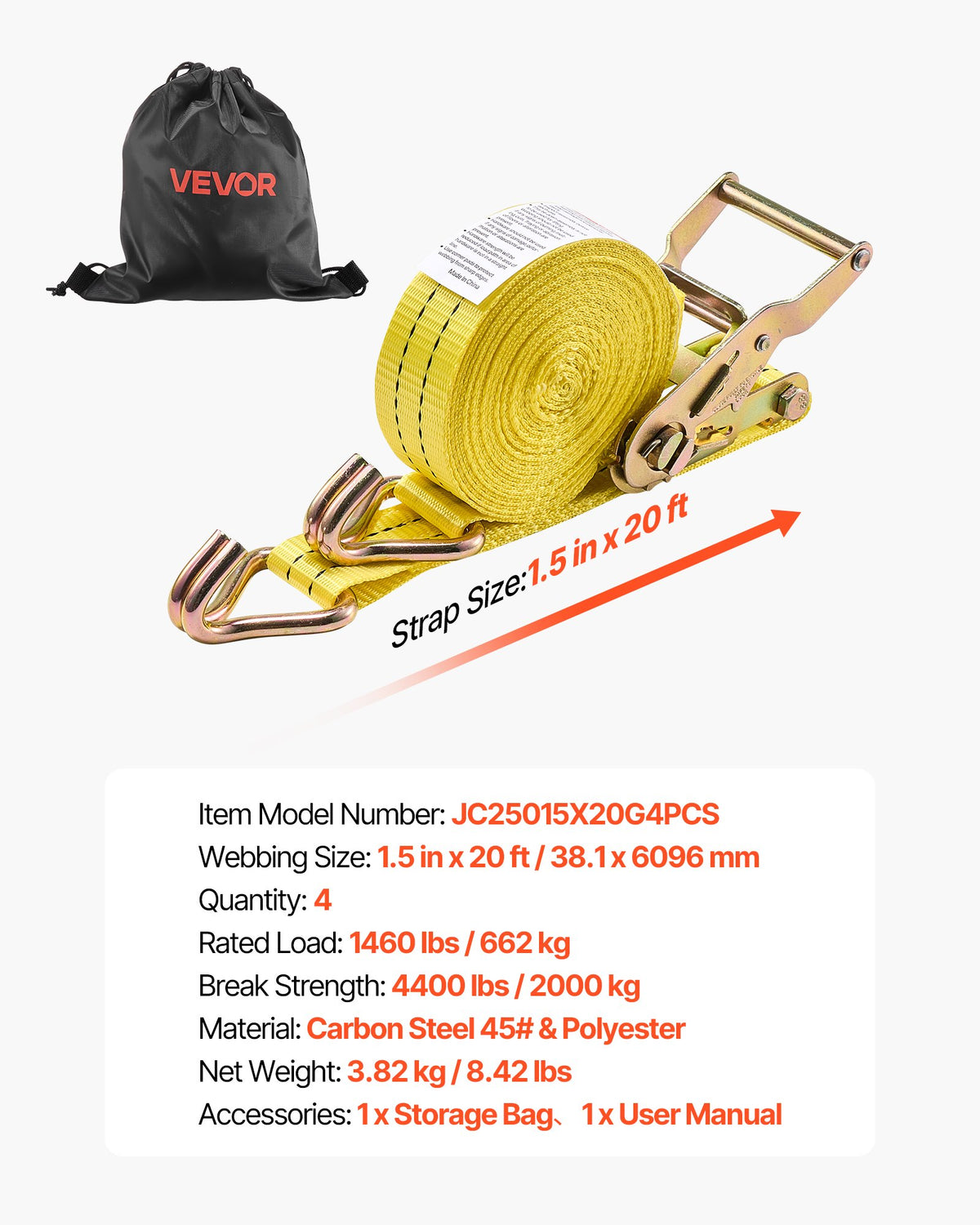 Ratchet Straps, 38.1 mm x 6.1 m, Heavy Duty Tie Down Straps with Double J Hook, 2000 kg Break Strength, Carry Bag, Tie Down Ratcheting for Moving, Trailers, Motorcycles, Kayaks, Car Roof, 4 Pack