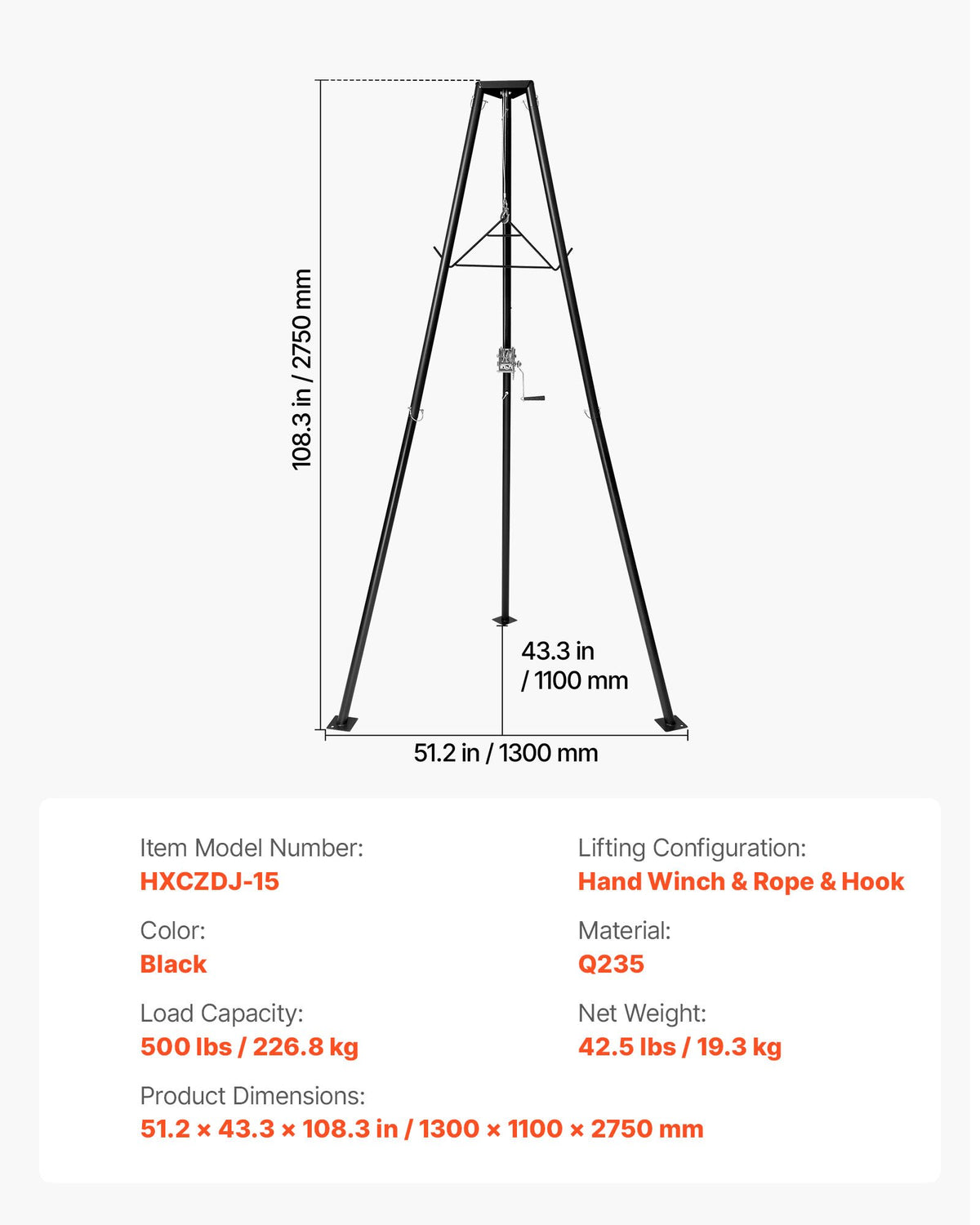 Tripod Deer Hoist, 500 lbs Load Capacity, Hunting Game Hoist Winch Lift with Gambrel & Manual Winch, Hunting Game Skinning and Cleaning Accessory for Cleaning, Skinning, and Moving, Black
