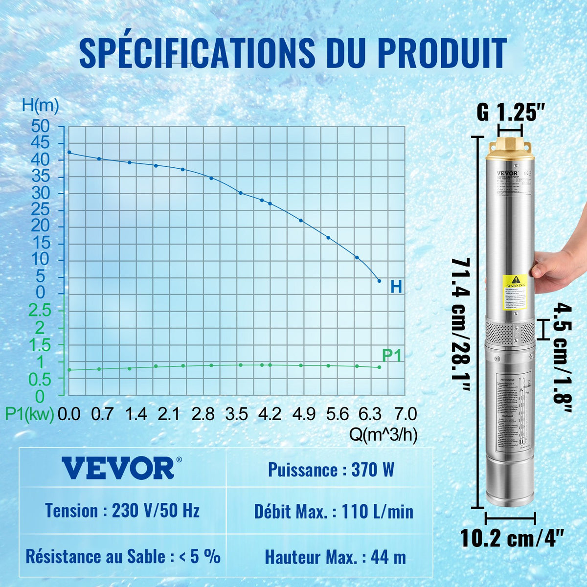 Dränkbar djupbrunnspump, 370W 230V/50Hz, 110L/min 44 m tryck, med 20 m sladd och extern kontrollbox, 10,2 cm vattenpumpar i rostfritt stål för industri, bevattning och hemmabruk, IP68 vattentät