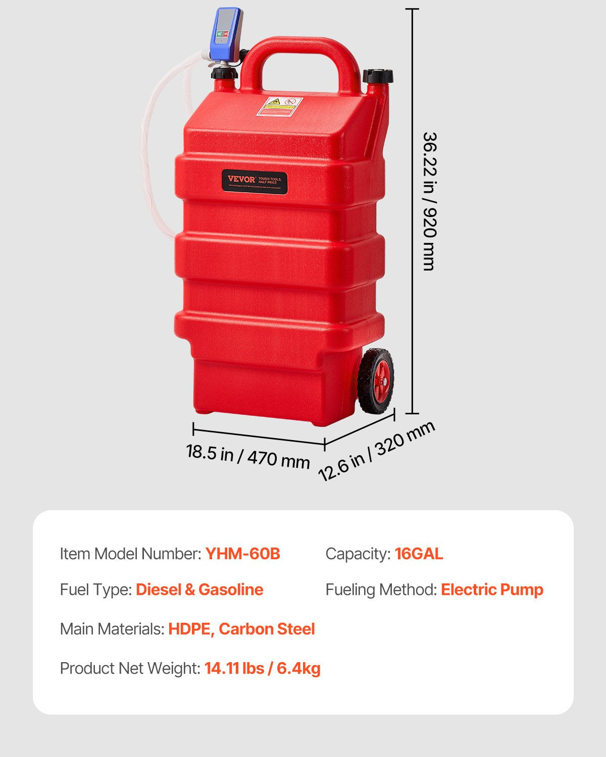 Bränslebehållare, 16 gallon, bärbar bränsletank med 12V DC 2.5 GPM elektrisk bränsleöverföringspump, 4 fots leveransslang och autostoppsensormunstycke, tankadaptrar, lämplig för diesel och bensin, röd