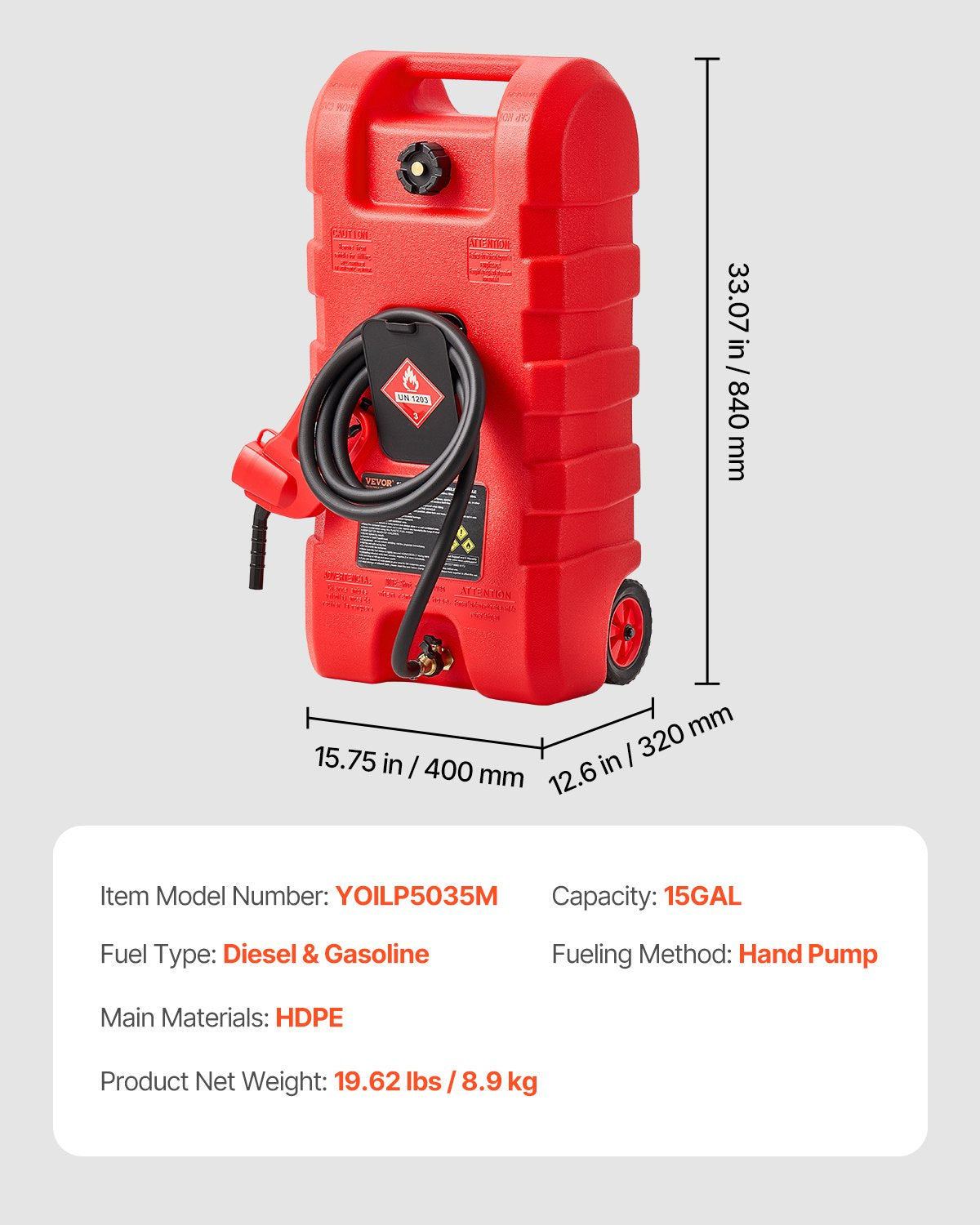 Bränslebehållare, 15 gallon, bärbar bränsletank med gravitations- och handpumplägen, bränsletankbehållare med hjul, 10 fots pumpslang och manuell pump, bensinbehållare för motorbåtar, fyrhjulingar, bensin och diesel