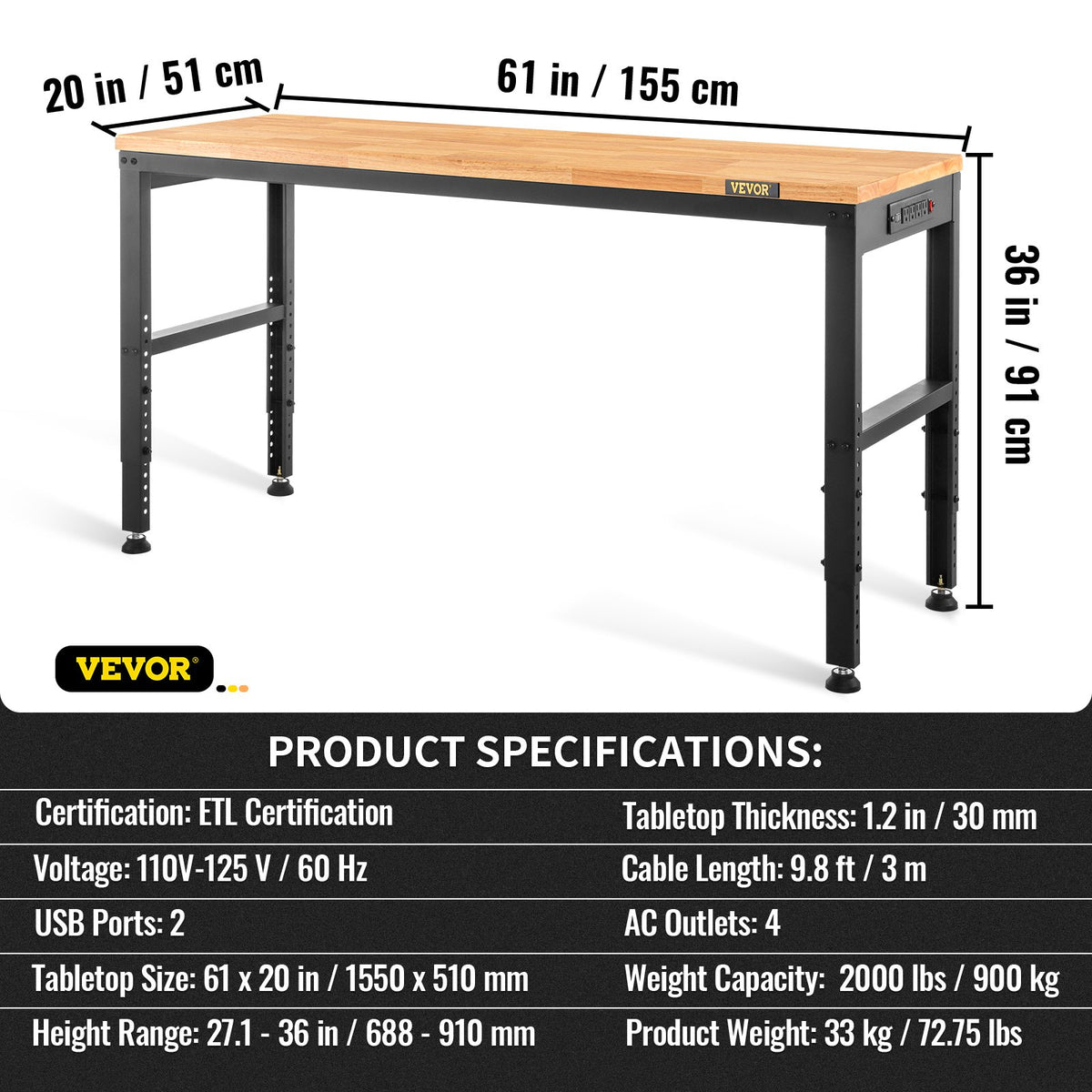 Höjdjusterbar arbetsbänk 154,9 cm L x 50,8 cm B Arbetsbord med eluttag