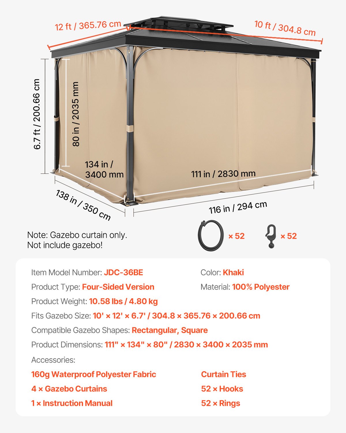 Paviljonggardiner för utomhusbruk, passar de flesta 3,6 x 3,8 x 1,8 m paviljonger, 4-panelers sidoväggar för paviljonger med dragkedjor, ersättning för utomhusgardin för uteplatstak, endast gardiner, kaki