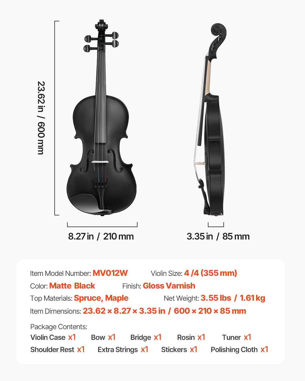Fiol 355 mm storlek 4/4 Fiolset massivt trä för nybörjare med fodral rosin svart
