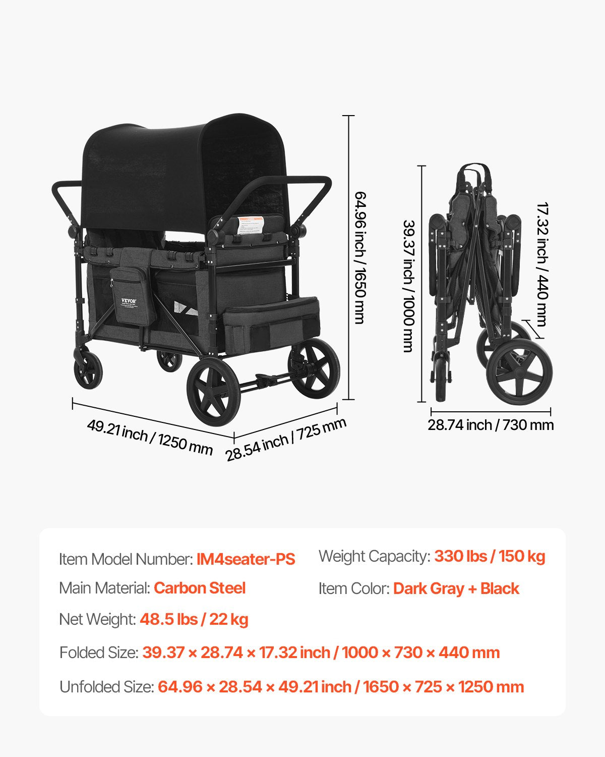 Barnvagn för 4 barn, hopfällbar vagn med justerbart handtag, säkerhetssele och avtagbar sufflett, 4-sitsig campingvagn, mörkgrå och svart (lastar 145 kg)