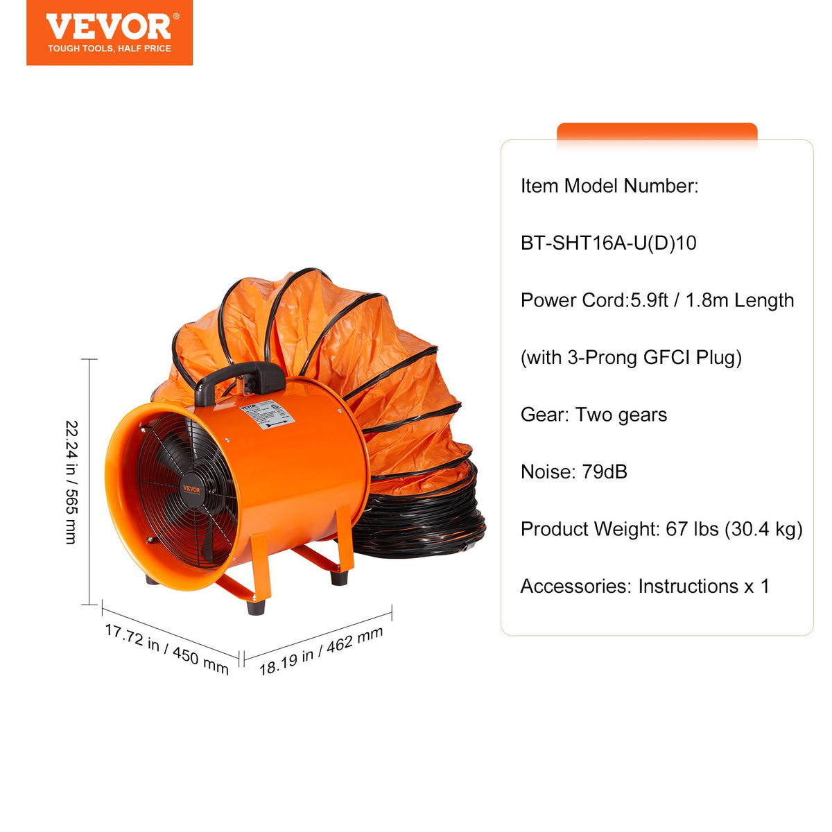 40,6 cm bärbar fläkt, 2 hastigheter 5175 CFM höghastighets industriell fläkt med 10 m flexibel slang, axial frånluftsfläkt för källare, verkstäder, lager, orange