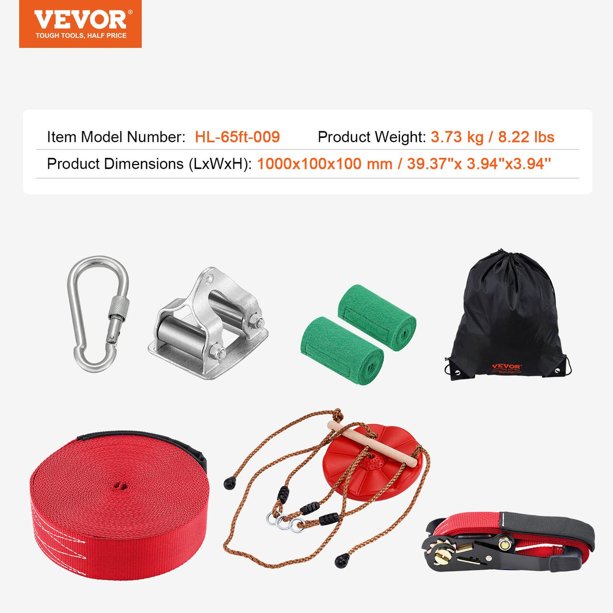 Zipline-kit för barn och vuxna, 65 fots zipline-kit upp till 500 lb, snabb uppsättning av zipline för bakgård och utomhusbruk, lekplatsunderhållning med zipline, säkerhetssele i nylon, säte och styre