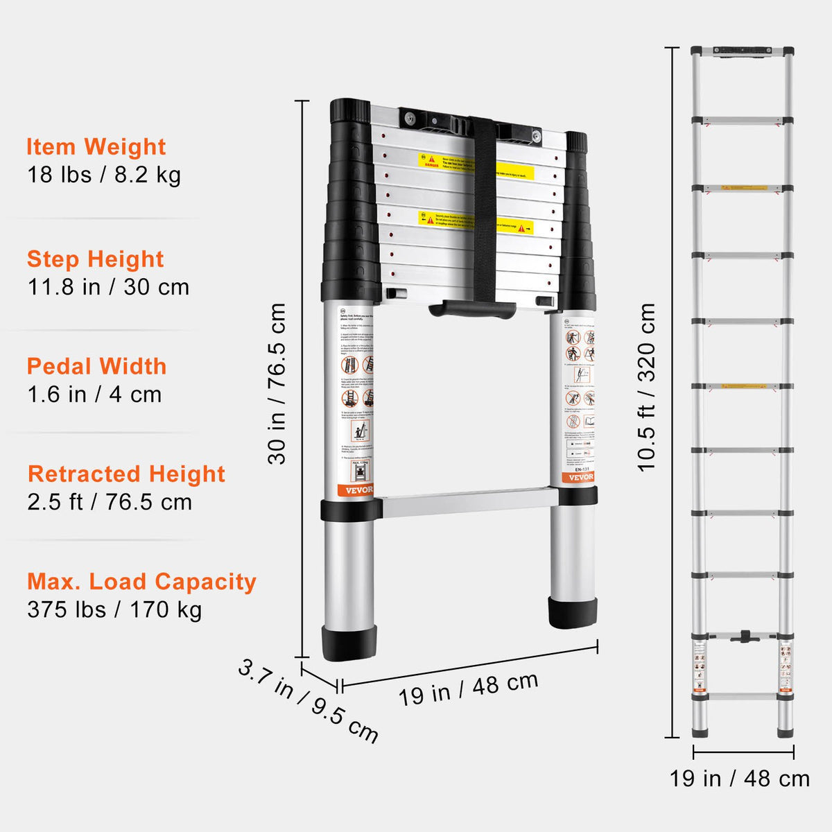 Teleskopstege, 320 cm aluminium, hopfällbar förlängningsstege med en knapptryckning, 170,1 kg kapacitet med halkfria fötter, bärbar multifunktionell kompaktstege för hem, husbil, loft, ANSI-listad