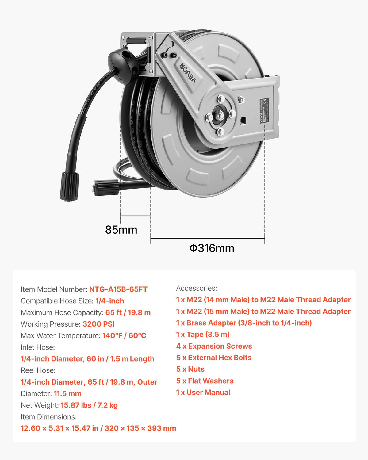 Högtryckstvättsslangvinda, 19,8 mx 6,4 mm indragbar kraftfull slangvinda i stål, 3200 PSI max, automatisk återupplindning, flexibel vägg-/golvmonterad för biltvätt, trädgård, golvrengöring
