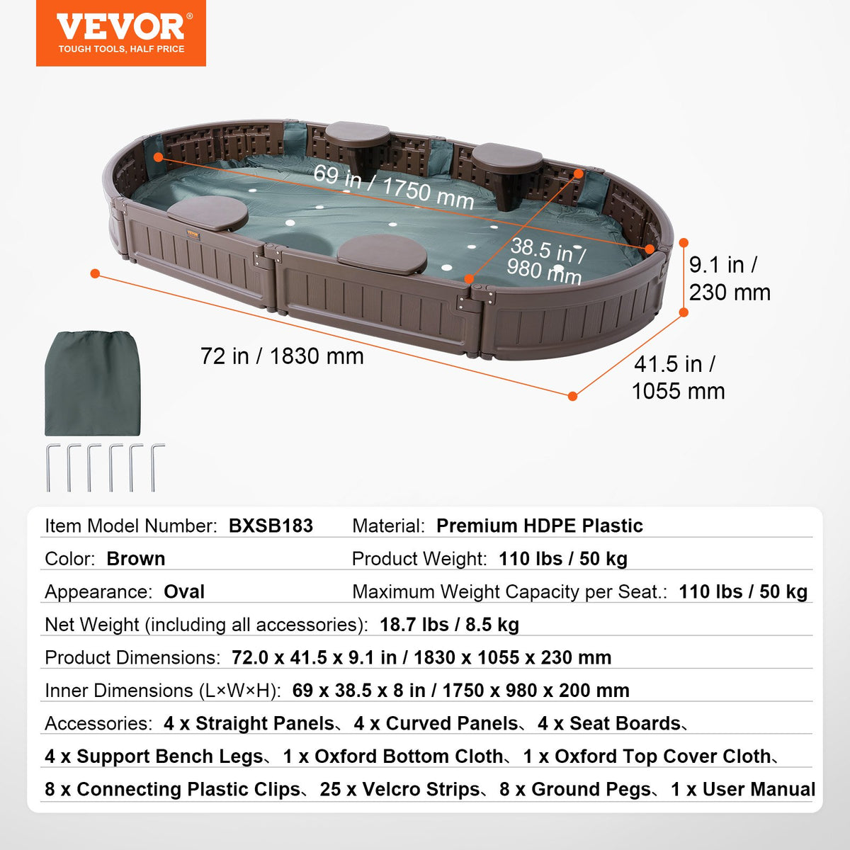 Sandlåda med lock, 72 x 41,5 x 9,1 tum oval sandlåda, HDPE-sandlåda med 4 hörnsittplatser och bottenfoder, barnsandlåda för utomhusträdgård, strand, park, present till pojkar och flickor i åldrarna 3-12, brun