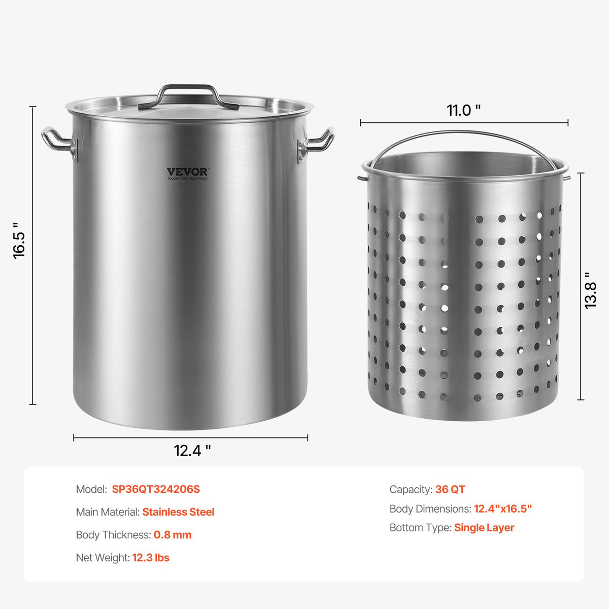 Rostfritt stålgryta, 36 liters kokkärl, kokkärl med sås och korg, lock och handtag, kraftig gryta av kommersiell kvalitet, slipbehandling, för ångkokning, kokning eller stekning, silver