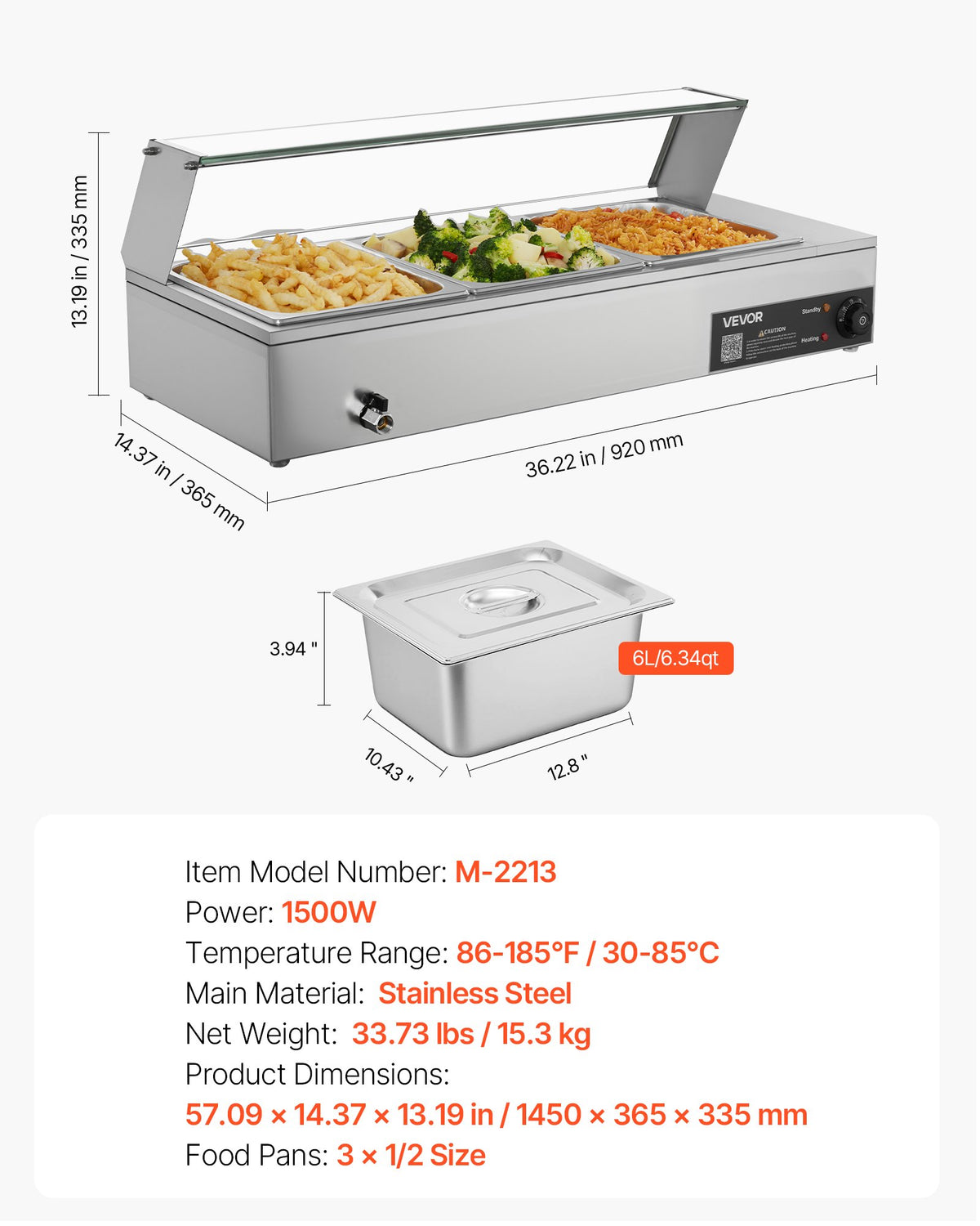 Commercial Food Warmer, 1500W Electric Stainless Steel Steam Food Warmer with Glass Cover, Countertop Buffet Bain Marie with Three 1/2 Size Food Pans, for Catering, Restaurant, Party & Buffets