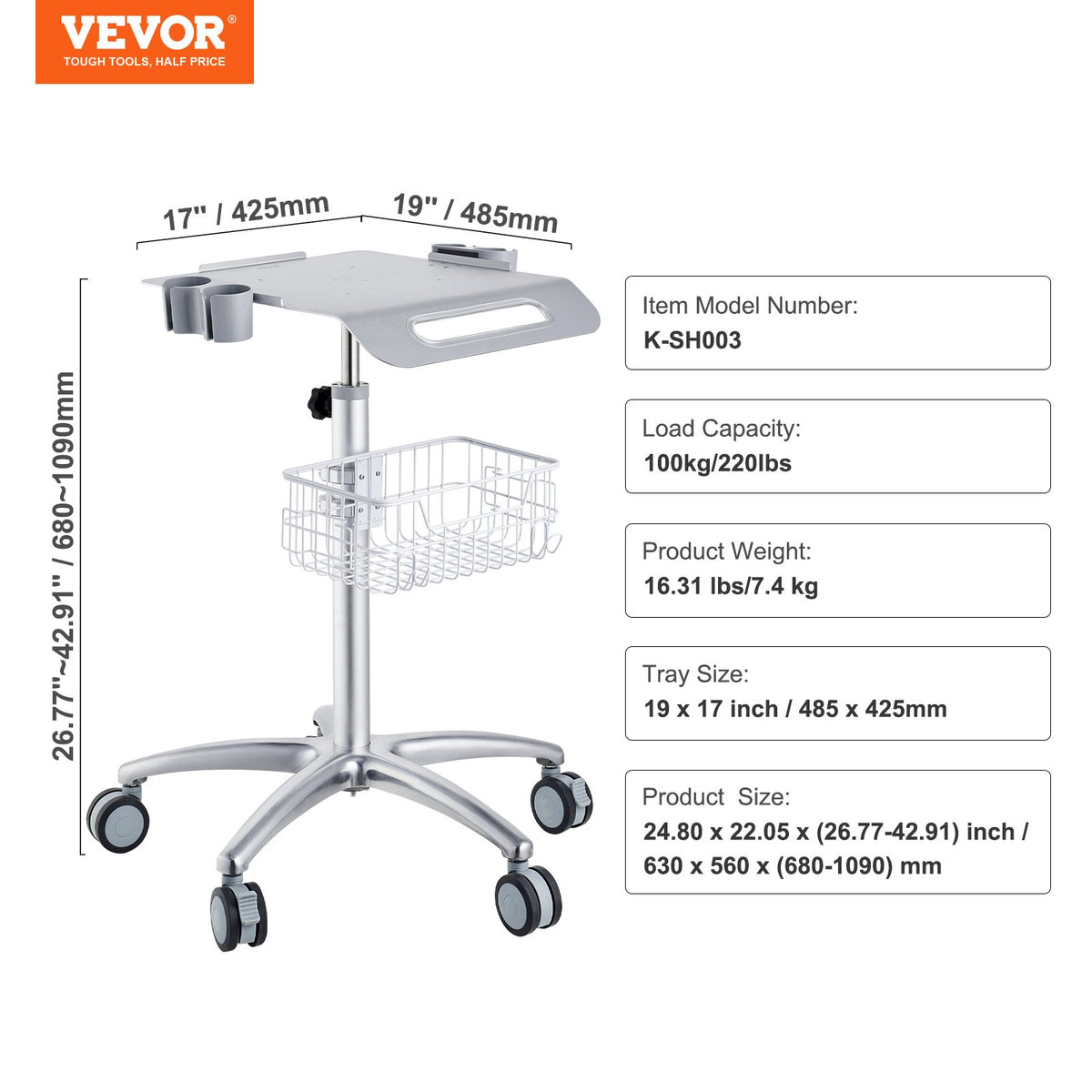 Medicinsk vagn, salongsvagn med hjul, mobil kundvagn 680-1090 mm höjdjusterbar, salongsstationer i metall för hårstylist, rullande stationär labbvagn för klinik, skönhetssalong och salong