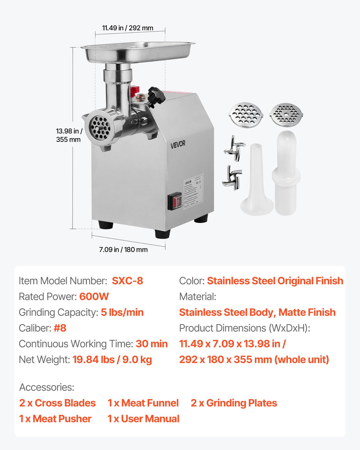 Kommersiell elektrisk köttkvarn, 2,3 kg/min kapacitet, industriell köttkvarn #8 med 2 rostfria blad, 2 malplattor, 600W kraftig korvmaskin, för kök, restaurang