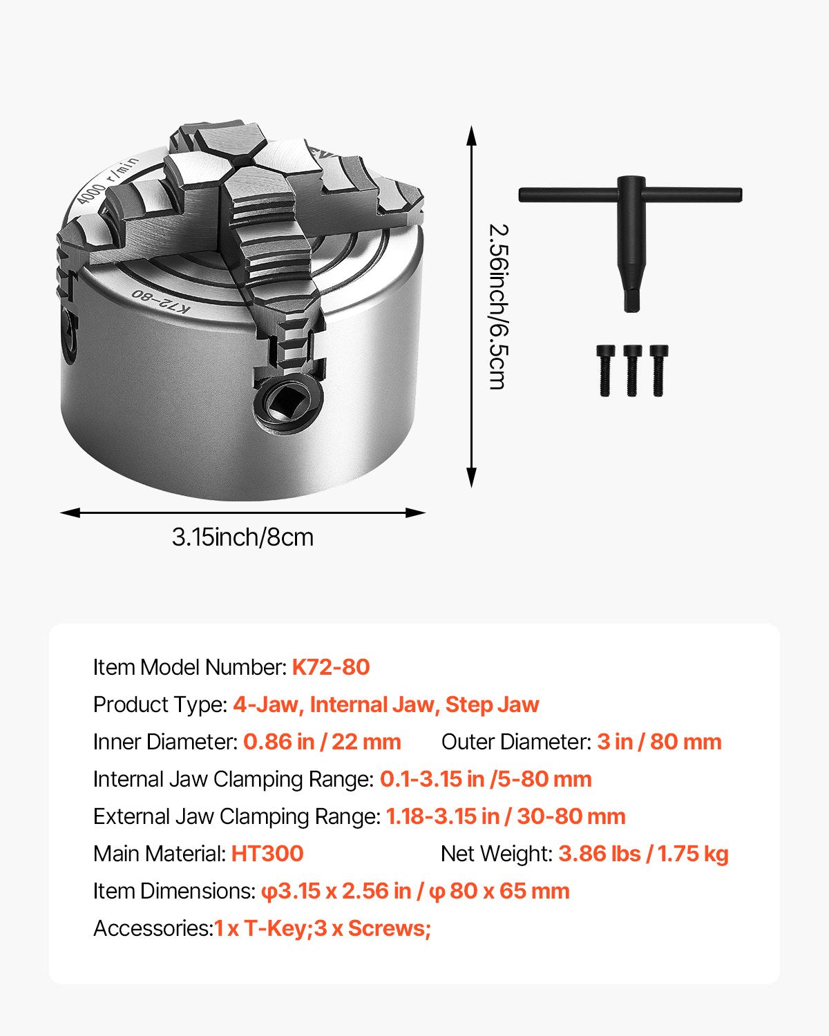 4-käftschuck, 80 mm (3 tum), 4-käftschuck, 5-80 mm (0,1-3,15 tum) spännområde med T-nyckelfästskruvar, vändbara käftar, HT300-material, invändig utvändig för trä- och metallsvarv