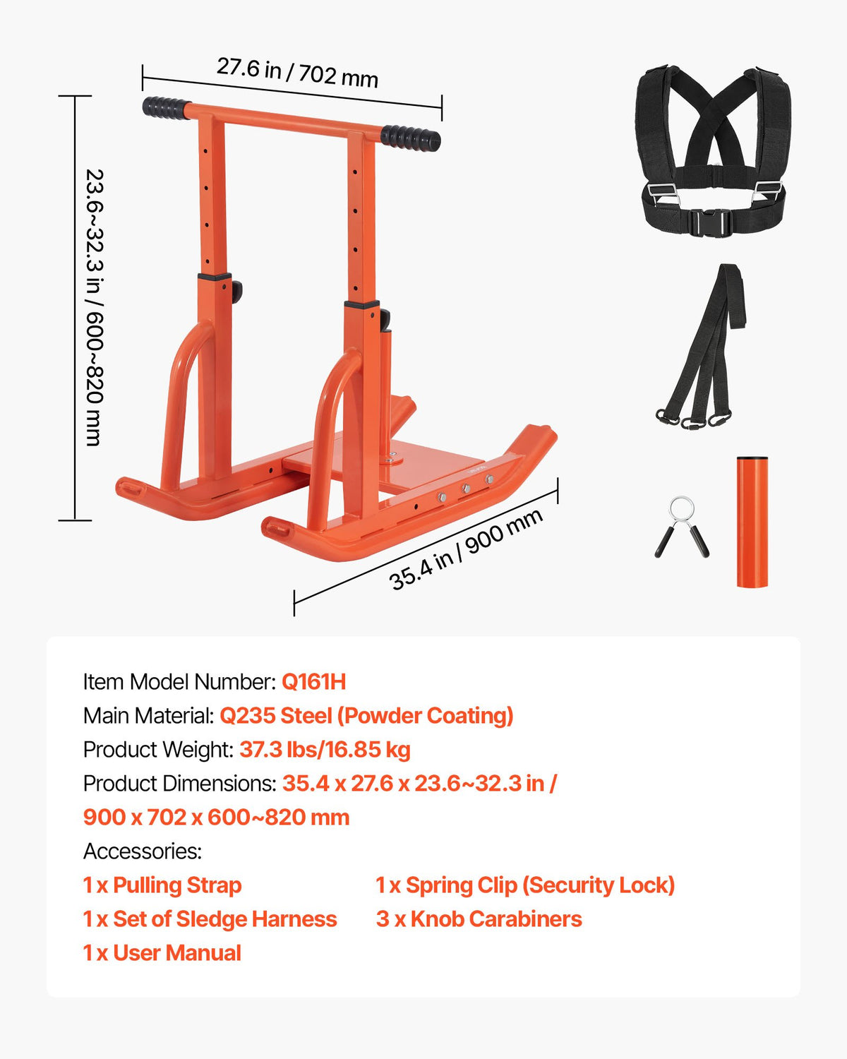 Weight Sled, Steel Power Sled, Fitness Training Sleds for Athletic Exercise Speed Improvement, Workout Equipment with Adjustable Height Handle, Compatible with 25/51 mm Weight Plates, Orange