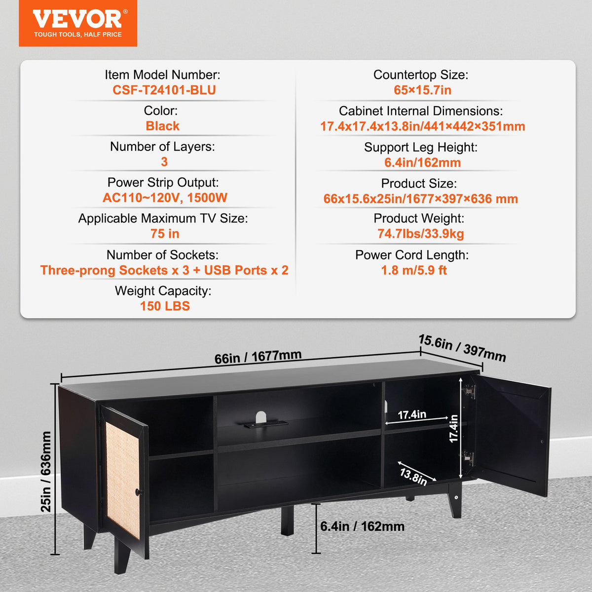 Rattan TV Stand for 75in TV, Boho TV Stand with Rattan Door, Entertainment Center with Build-in Socket, Storage Cabinet with 2 Shelves, Modern TV Console for Living Room, Media Room, Black