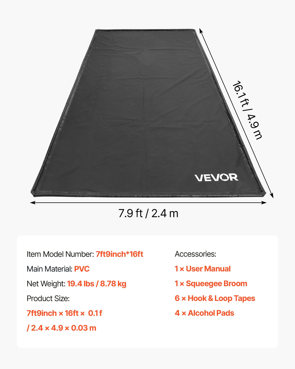 Containment Mat, 2.4 x 4.9 m, Non-Slip PVC Garage Floor Mat with a Cleaning Squeegee Broom, Heavy Duty Durable Waterproof Containment Protection from Snow, Rain and Mud for Cars Parking, Black