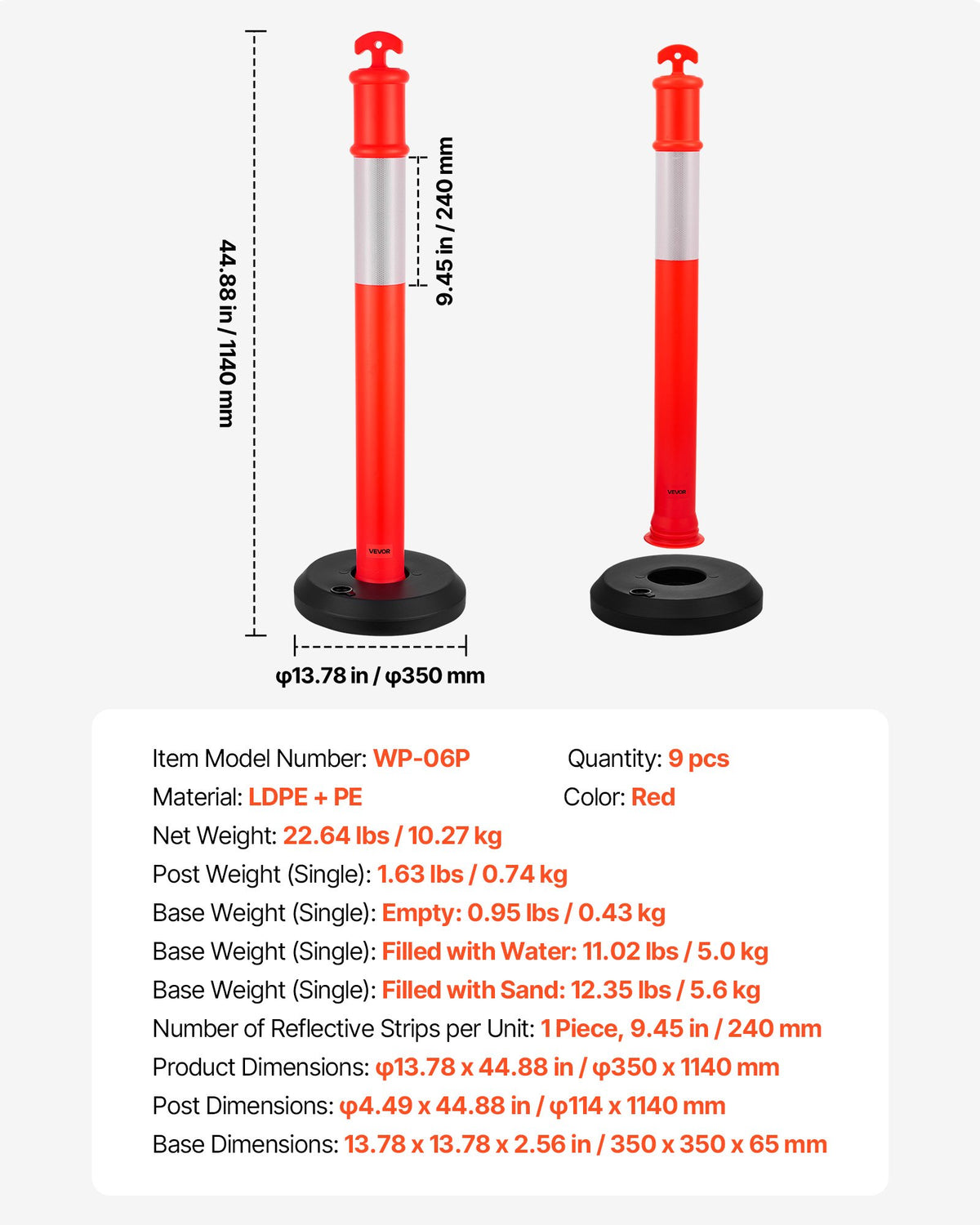 9 Pack Traffic Delineator Posts, 1140 mm Traffic Safety Cones with Fillable Base and Reflective Strips, Heavy Duty Delineator Posts for Construction Site, Parking Lot, Crowd Control, Red