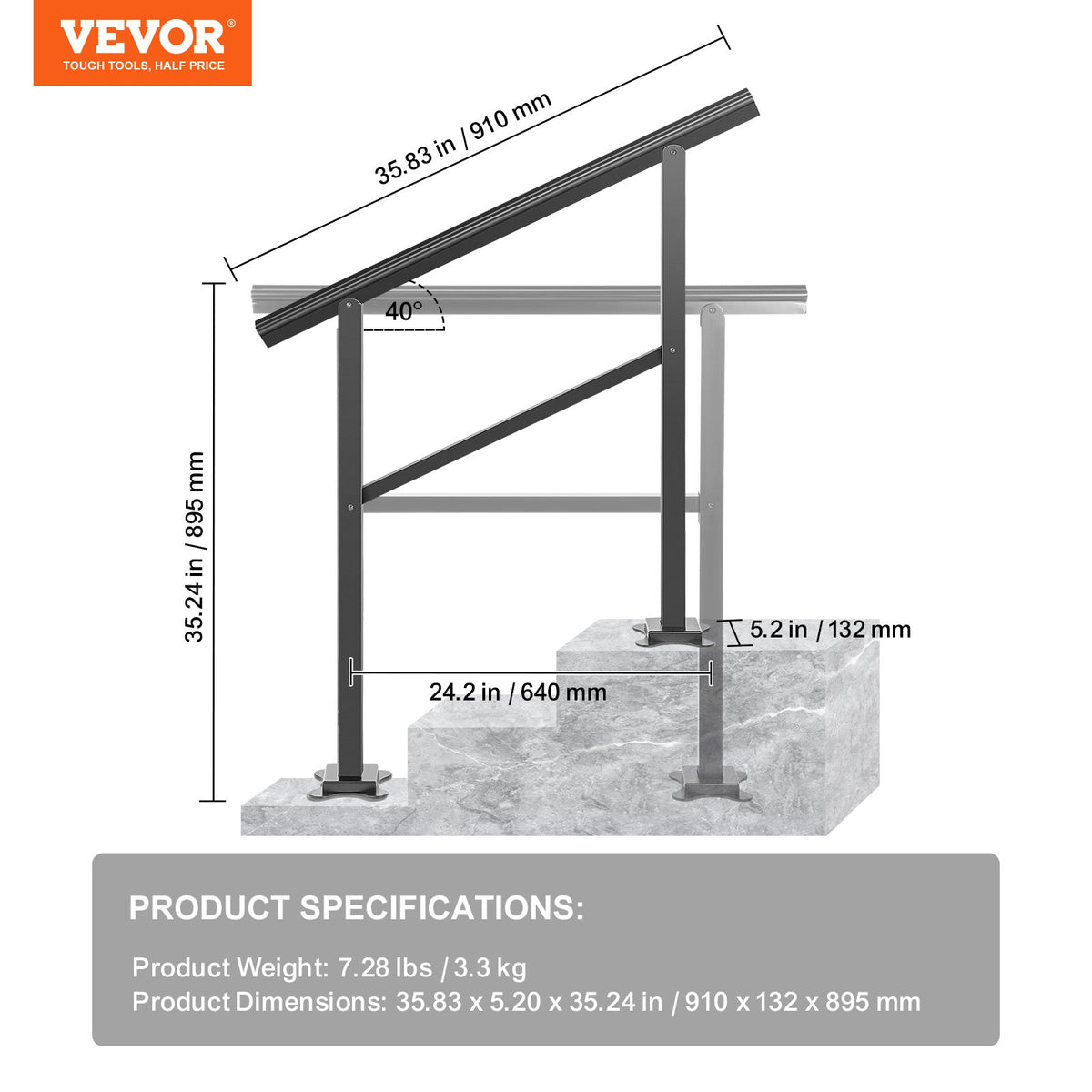 Outdoor Handrail 74.8 kg Load Handrail Outdoor Stairs Aluminum Stair Handrail 91.4x88.9 cm Outdoor Stair Railing Transitional Range from 0 to 50° Staircase Handrail Fits 2-3 Steps with Screw Kit