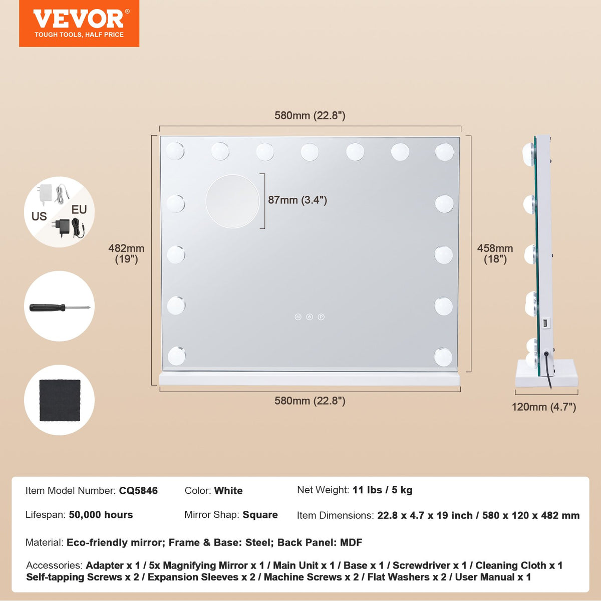 Hollywood sminkspegel med lampor och USB-väggfäste för skrivbord 58x46 cm