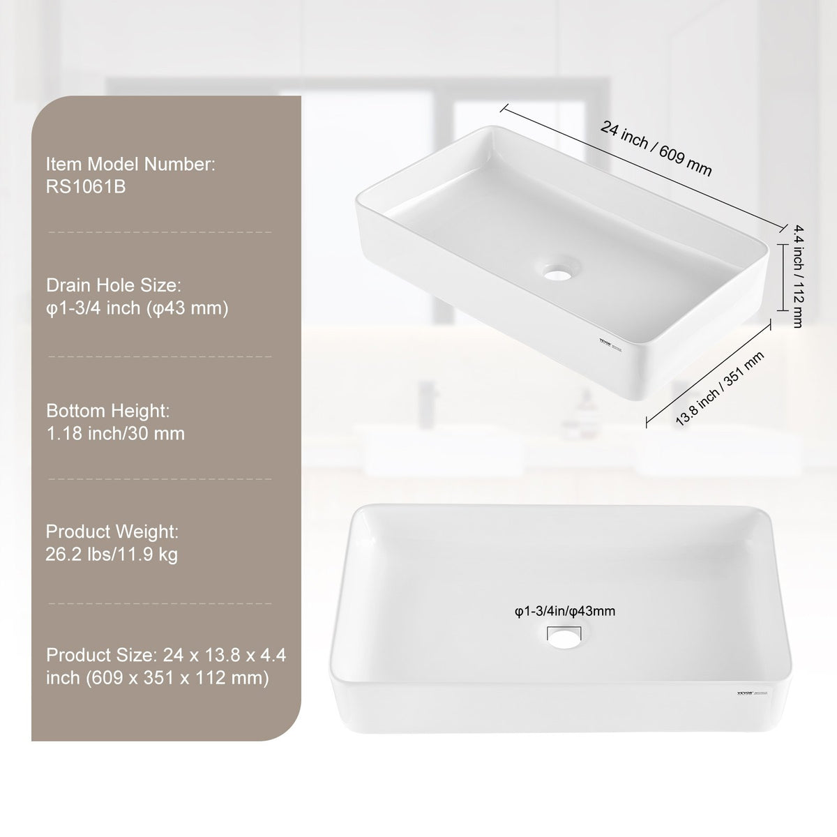 Rektangulärt handfat, 61 x 33 cm, bänkskiva för badrum, vita keramiska handfat ovanför bänkskiva, modern stil, ljus och elegant, välförpackad för badrum, hotell, toalett, husbil