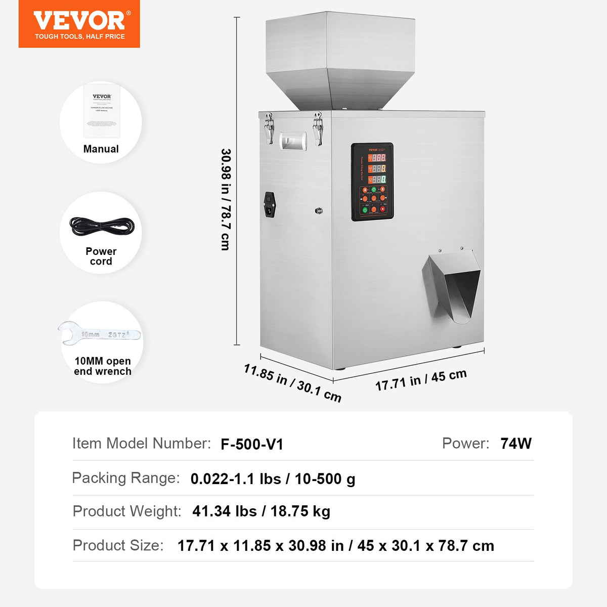 Pulverfyllningsmaskin, 0,022-1,1 lbs/10-500 g, automatisk intelligent partikelvägningsmaskin, flaskpåsepulverfyllningsmaskin partikeldispenser för tefrön, spannmål, pulver, mjöl, bönor, glitter