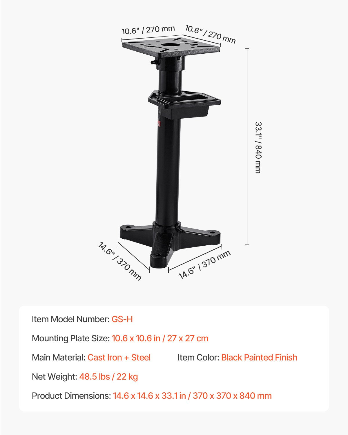 Bench Grinder Stand, Heavy-Duty Grinder and Vise Floor Pedestal with 27 x 27 cm Mounting Plate, Pre-Cut Mounting Slots & Water Pot, Compatible with Most Bench Grinders