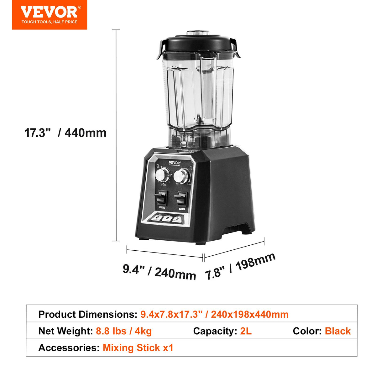 Professionell mixer, kommersiella bänkmixers, 68 oz plastkanna, mixerkombination i rostfritt stål med 3 funktioner, för frysta drycker, shakes, smoothies, peree och krossning av is, svart