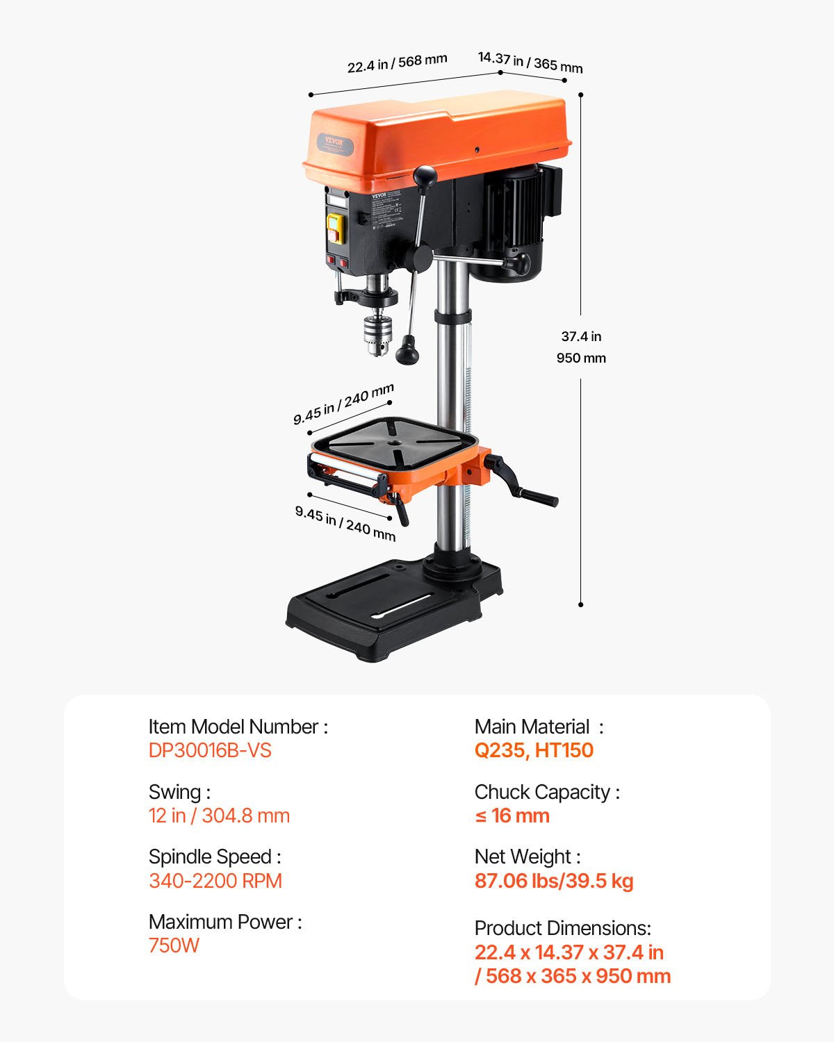 304,8 mm bänkborrpress, 750 W, 340–2200 varv/min bänkborrpress med variabel hastighet, med 0–45° lutbart arbetsbord, LED-arbetslampa, röntgenpositionering, bordsborrmaskin för trä och metall