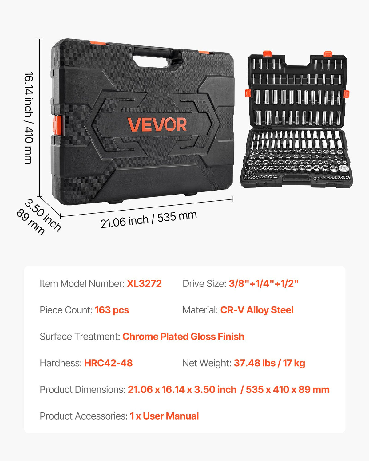 Hylsnyckelsats, 163 delar, 9,5 & 6,4 & 12,7 mm hylsnyckelverktygssats, SAE och metrisk, djup och standard, mekanisk verktygssats med förvaringsfodral, förkromad CR-V-legeringsstål, för bilreparationer
