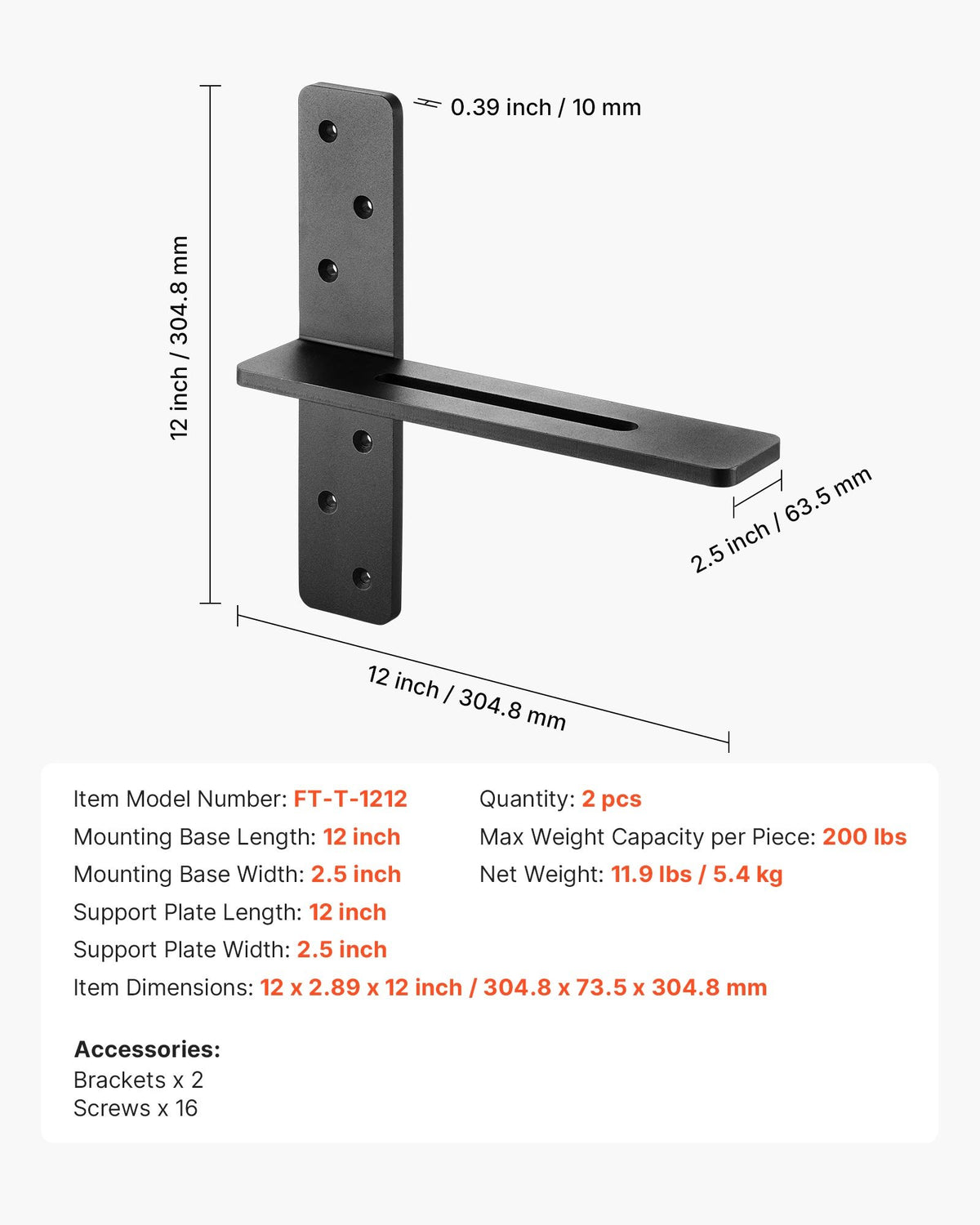 T-hyllakonsoler 2 st, 90 kg viktkapacitet, 12x2,89x12 tum / 304,8x73,5x304,8 mm, massiva stålkonsoler för kraftiga hyllor, bänkskivsstöd, flytande konsolbeslag med skruvar