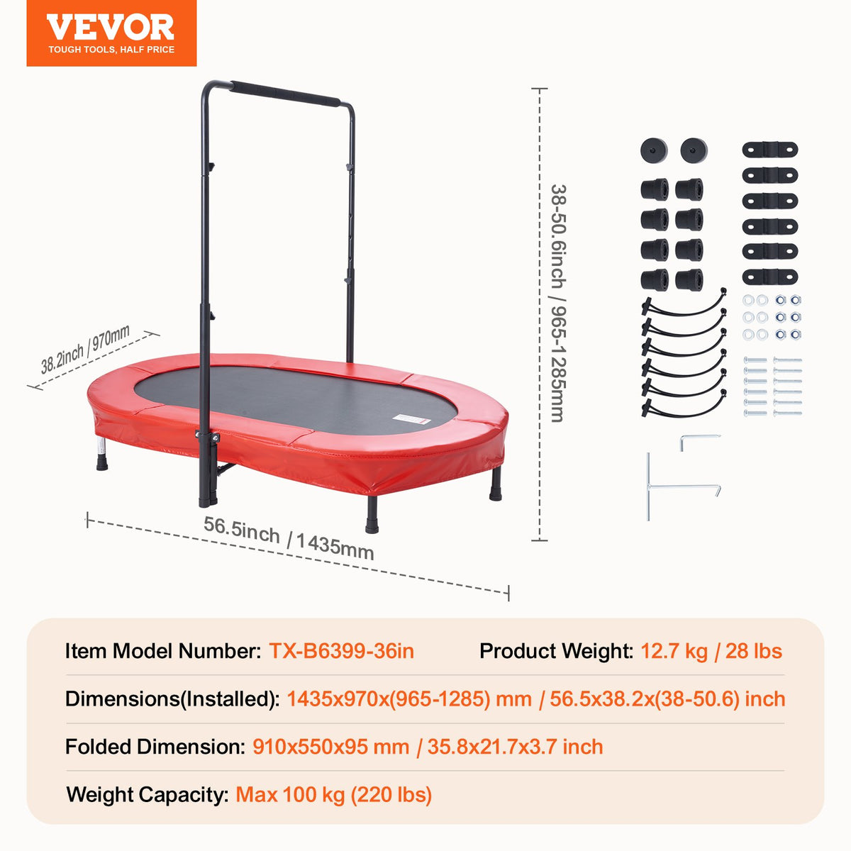 Kids Trampoline, 56x36 inch Indoor Outdoor Trampoline, Foldable Mini Trampoline with Handle, Rebounder Trampoline for Toddlers, Birthday Gift for 3+ Years Children, Boys Girls for Fun, Red