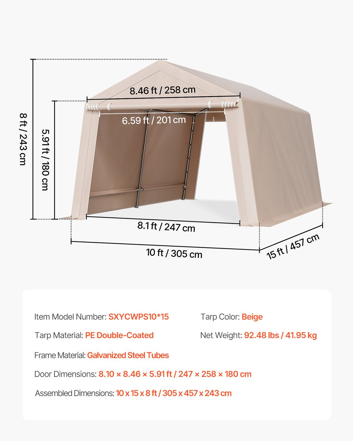 Förvaringsskjul för utomhusbruk, 10 x 15 fot bärbart förvaringstält med 2 rulldörrar och ventiler, vattentätt skyddstak, kraftig ram, carport för uteplatsgarage och gräsklippare, beige