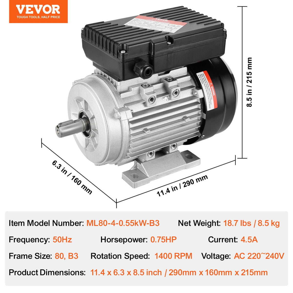 0,55 kW elmotor 1400 rpm, AC 220~240 V 4,5 A, 80, B3-ram, luftkompressormotor enfas, 19 mm kilaxel, medurs/moturs rotation för jordbruksmaskiner och allmän utrustning