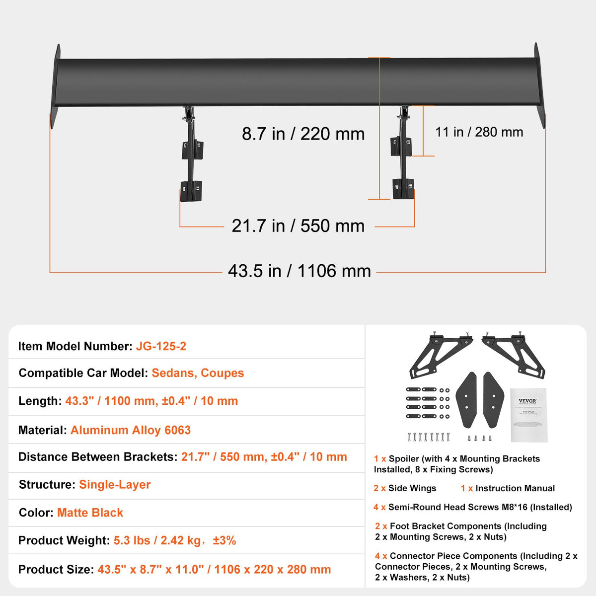 Universell bakspoiler GT-stil justerbar bagagerumsvinge racingbil 43,3"/110 cm