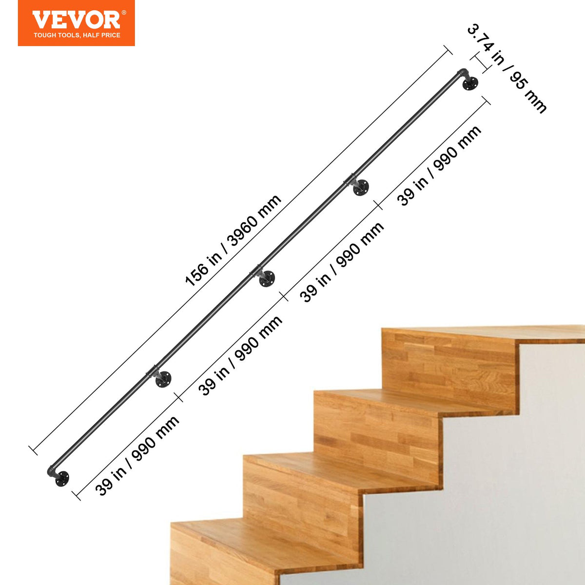 Rörräcke för trappsteg, 396,2 cm trappräcke, 199,6 kg lastkapacitet Ledstång i kolstålsrör, Industriell rörräcke med väggfäste, Runt hörnväggledstång för inomhus- och utomhusbruk