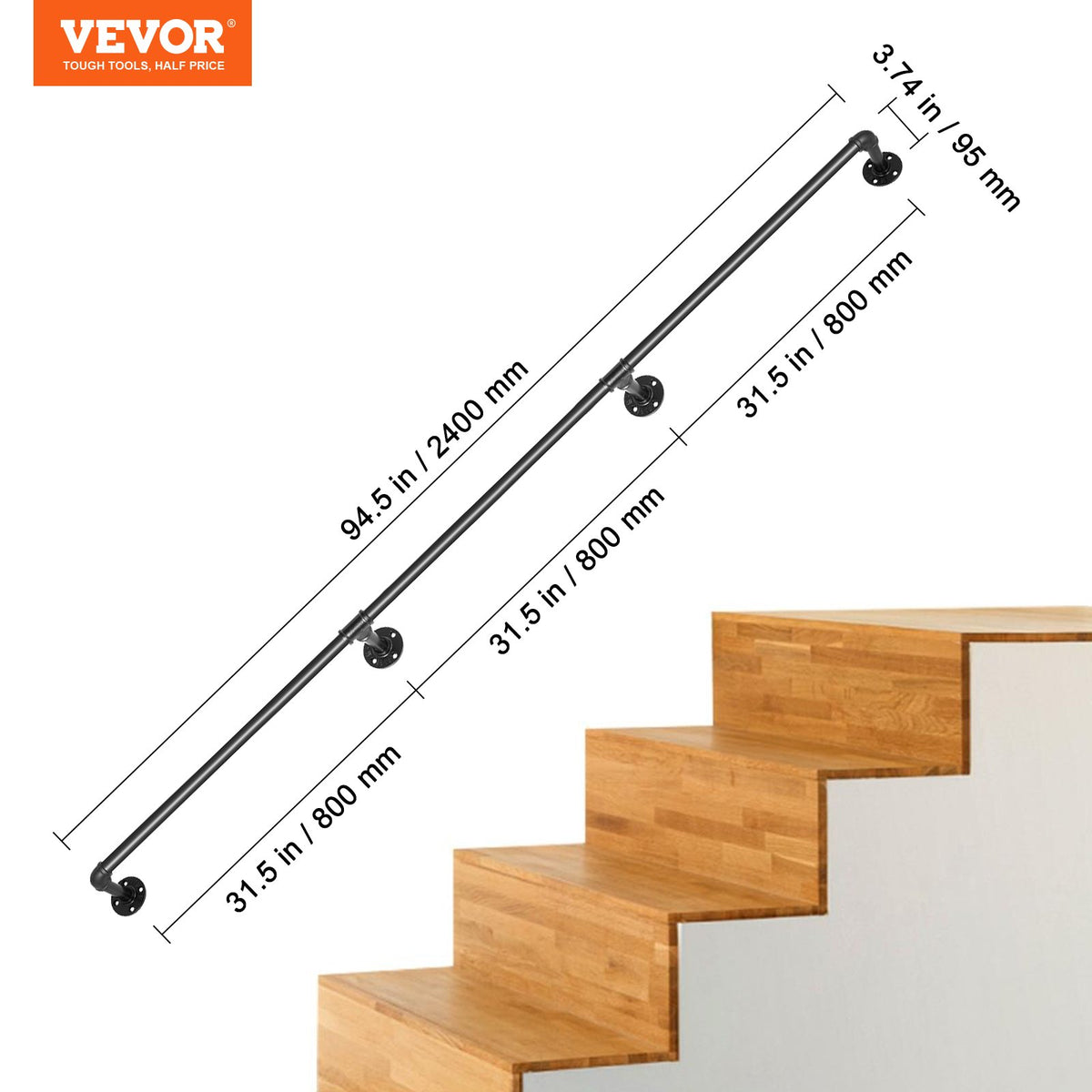 Rörräcke för trappsteg, 243,8 cm trappräcke, 199,6 kg lastkapacitet ledstång i kolstålsrör, industriellt rörräcke med väggfäste, runda hörnväggledstänger för inomhus- och utomhusbruk