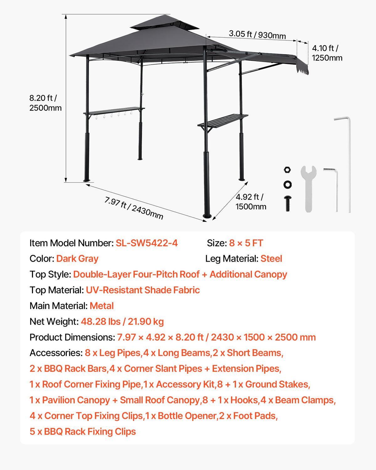 Grill Gazebo, 2.43 x 1.5 m Double-Tiered Top, BBQ Gazebo with Extra Awning, Powder-Coated Steel Patio Grill Shelter with 2 Side Shelves, Bottle Opener & Hooks, Outdoor Grilling Canopy for Garden