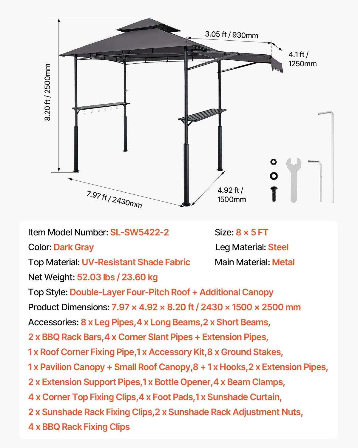 Grill Gazebo, 2.43 x 1.5 m Double-Tiered Top, Reinforced BBQ Gazebo with Extra Awning, Powder-Coated Steel Patio Grill Shelter with 2 Side Shelves & Hooks, Outdoor Grilling Canopy for Garden