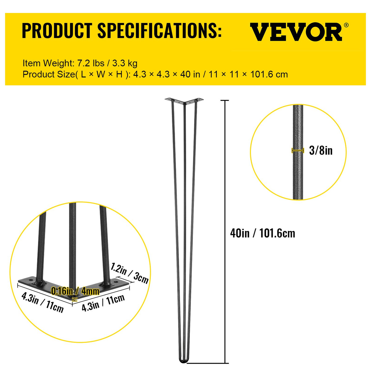 Hairpin Table Legs 101.6 cm Black Set of 4 Desk Legs Each 99.8 kg Capacity Hairpin Desk Legs 3 Rods for Bench Desk Dining End Table Chairs Carbon Steel DIY Table Legs Heavy Duty Furniture Legs