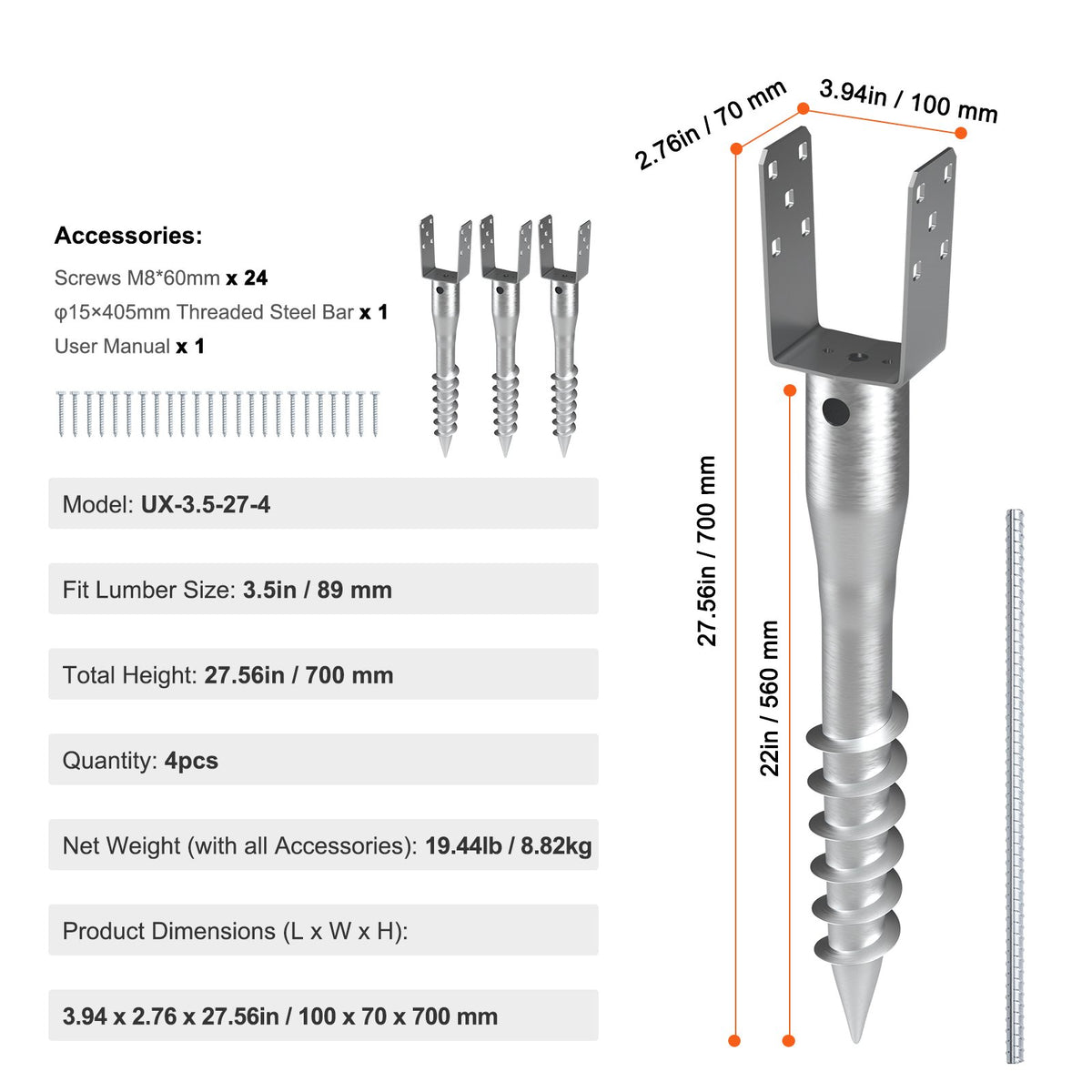 Grävfri markankare, 4-pack 3,94 x 2,76 x 27,56 tum/10 x 7 x 70 cm DIY-skruvinsättning för stolpe, inkluderar 6 dragbultar och armeringsjärn, U-formad kraftig stålstolpehållare, utmärkt för brevlådestolpar och staketstolpar