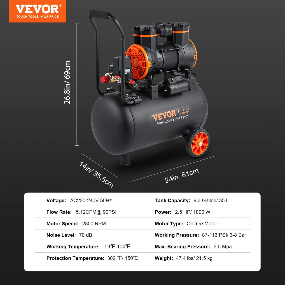 Luftkompressor 35,2 l 1800 W 5,12 CFM vid 90 PSI 70 dB Ultratyst Oljefri