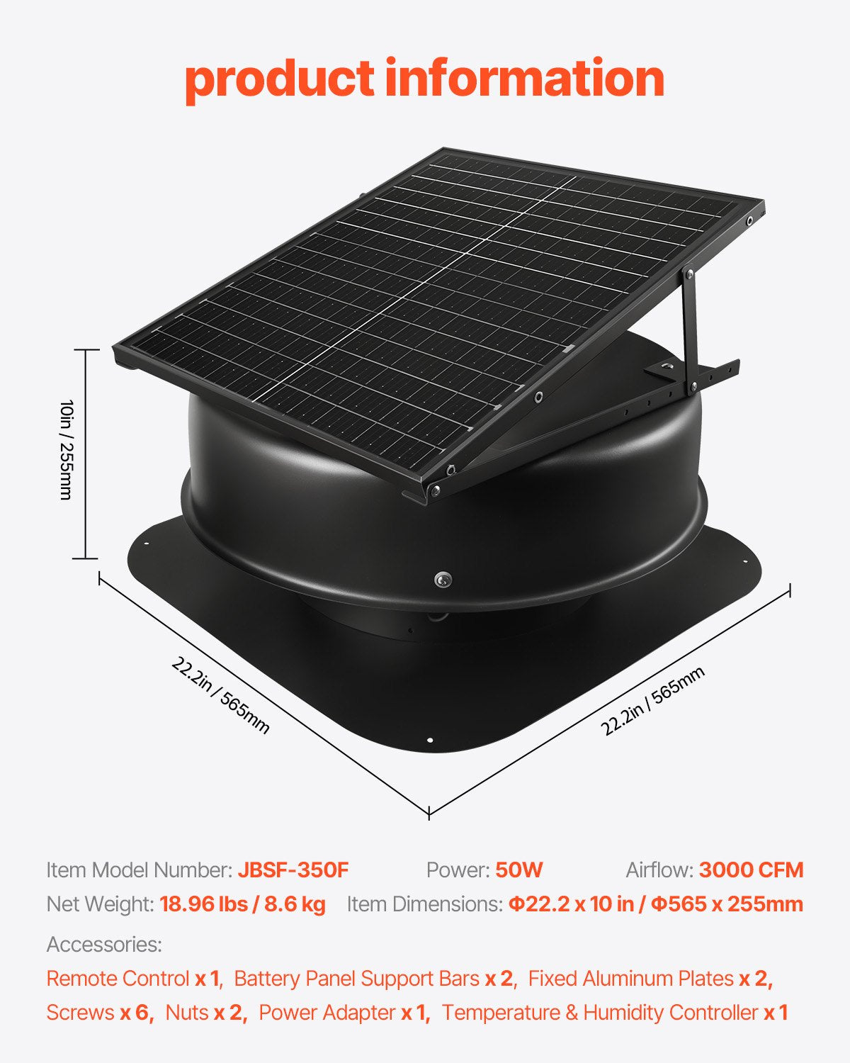 Takfläkt för vindsutrymme, 50W smart solcellsfläkt för takventilation med termostat, fjärrkontroll, 3000 CFM luftflöde, inbyggd röksensor med autostopp för kylning och avfuktning