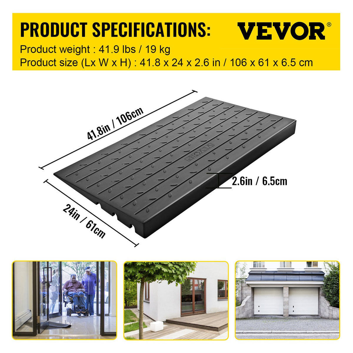 Rubber Threshold Ramp, 6.5 cm Rise Threshold Ramp Doorway, 3 Channels Cord Cover Rubber Solid Threshold Ramp, Rubber Angled Entry Rated 1000 kg Load Capacity for Wheelchair and Scooter
